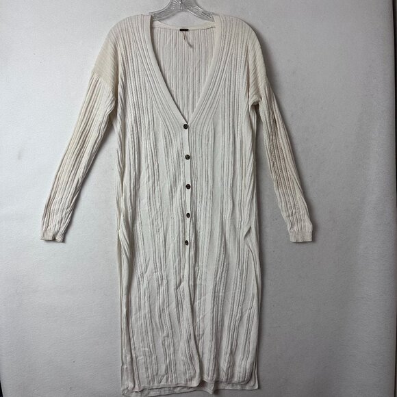 Free People cardigan sz S ribbed button up side slit long cream off white - Picture 1 of 5